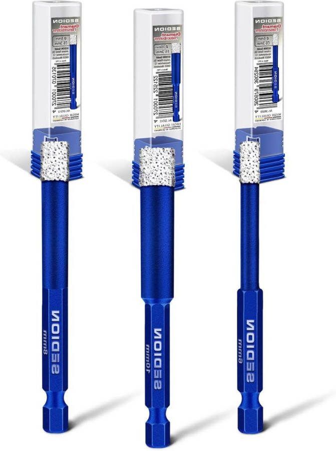 Tegelboor set 3st. 6 8 10 mm zeskant E 6.3 Boor voor harde tegels Diamantboor set premium kwaliteit diamanten Fijn steengoed boorset