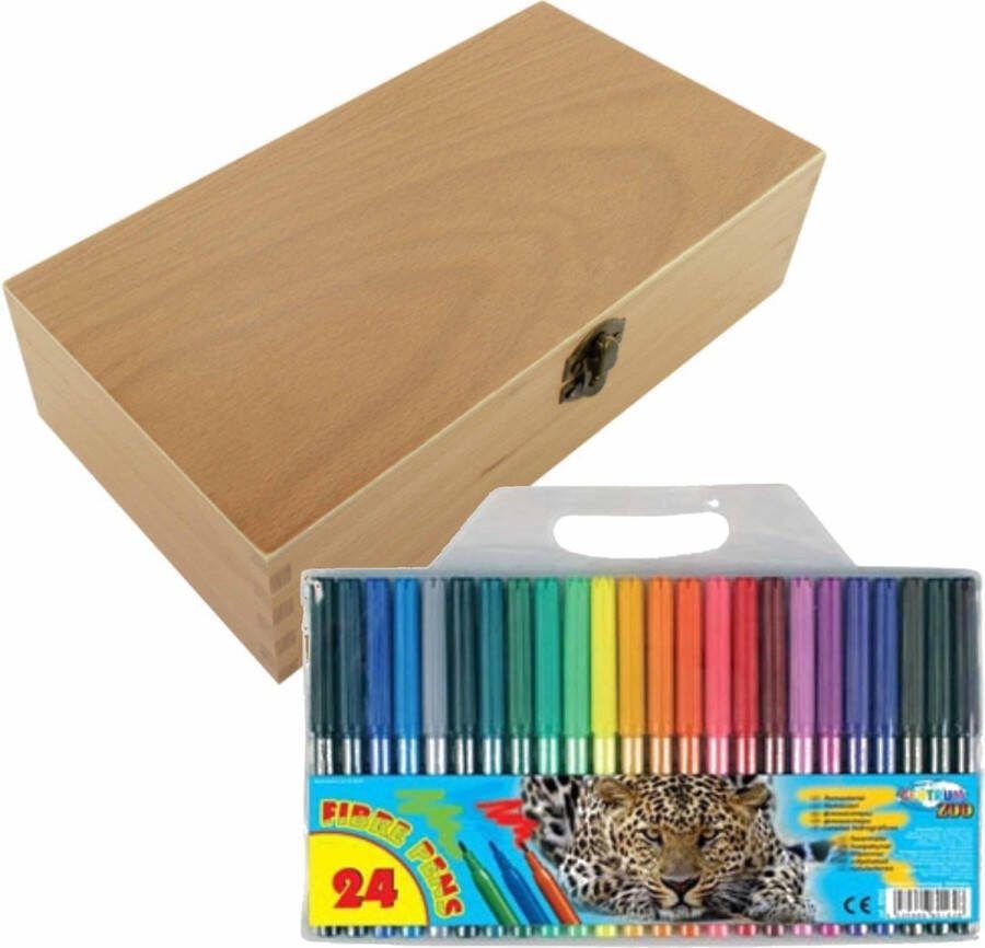 Tekendoos 3 vaks indeling hout 25 x 13 cm incl. 24x viltstiften