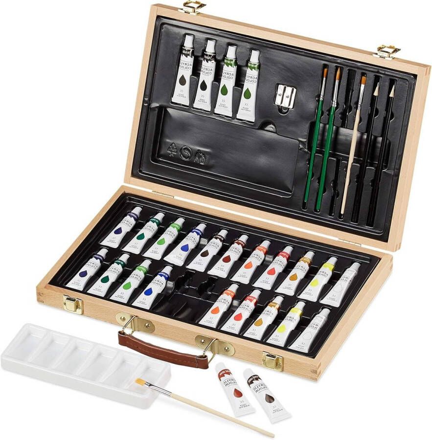 Tekendoos 35-delig met acrylverf Te set met houten tekenkoffer potloden en penselen Tekendoos