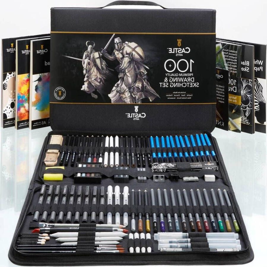 Tekenen en schetsen set 100-delig met grafiet houtskool pastel metallic potloden wateroplosbare potloden en stiften fineliners voor volwassen artiesten in reiskoffer Tekendoos