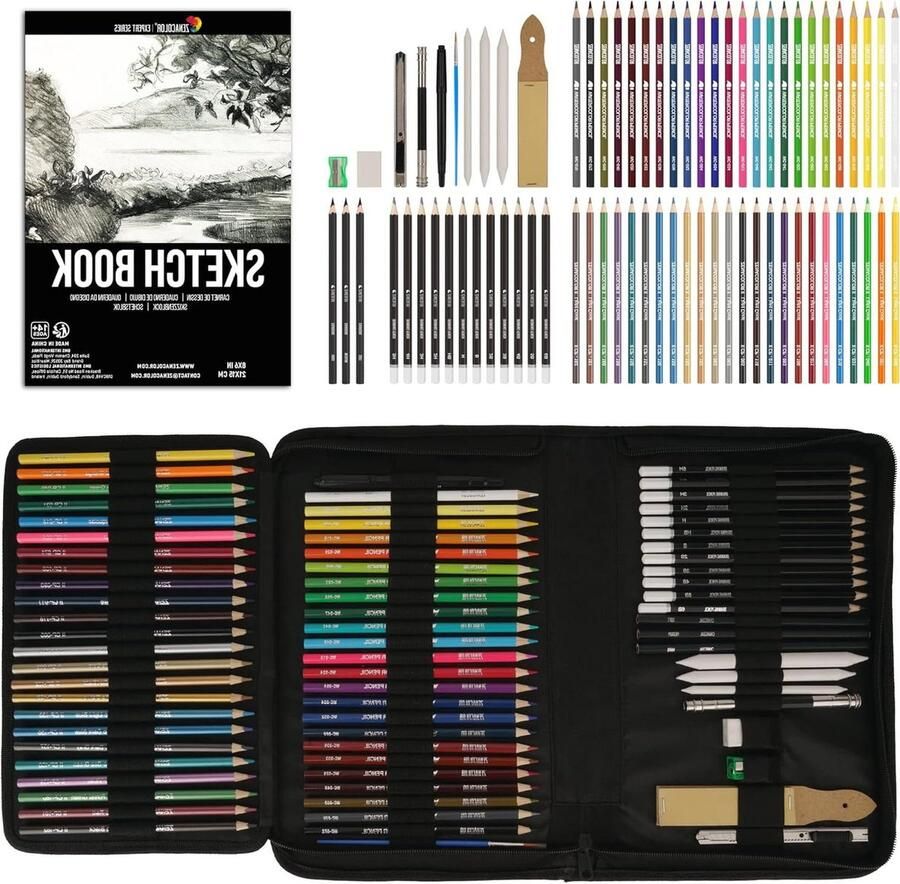 Tekenset 74-delig voor Kinderen en Volwassenen Aquarelpotloden Kleurpotloden Metaalpotloden Papierpotloden Accessoires Tekenboek Tekendoos