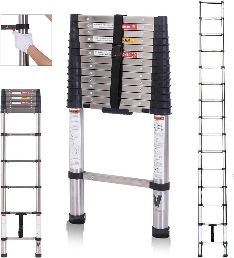 Telescoopbare ladder 44 m uitbreidbare trapladder één-knop-retractie roestvrij staal inklapbare ladder slow-down design thuis RV loft max. capaciteit 130 kg Ladder