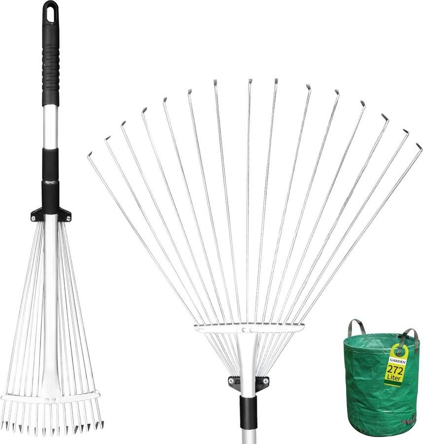 Telescopische bladwaaier uittrekbaar tot 60 cm breed en tot 160 cm lang waaierbezem met 15 tanden bladbezem bladhark kleine veger hark