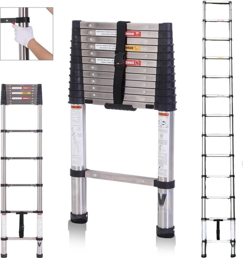 Telescopische ladder 3 8 meter verlengstap ladder roestvrij staal inklapbaar thuis RV loft ladder maximale capaciteit 100 kg Telescopische ladder