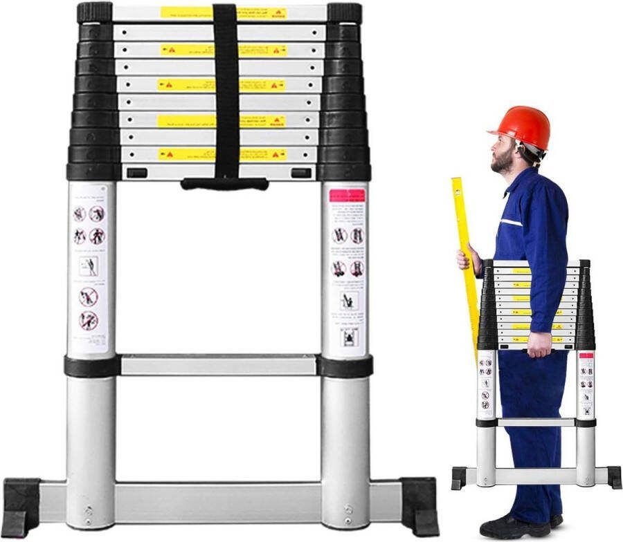 Telescopische ladder 32 m Opvouwbare ladder met stabilisatorstang terugtrekmechanisme Aluminium ladder belastbaar tot 150 kg Telescopische ladder