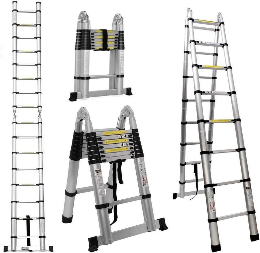 Telescopische vouwladder 5 m 2-in-1 met 16 sporten maximale belasting 150 kg puur zilver Ladder
