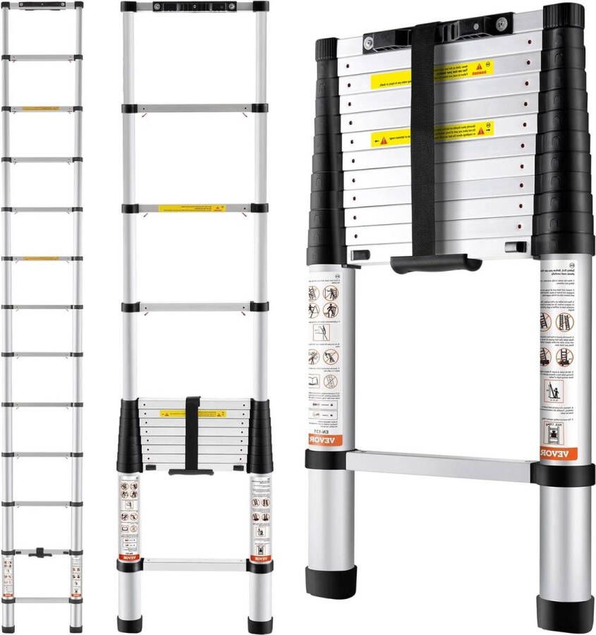 Telescopische ladder Aluminium 3.8 meter uittrekbaar Capaciteit 170 kg Antislip voeten Compact en draagbaar Thuis reparaties Camper Telescopische ladder