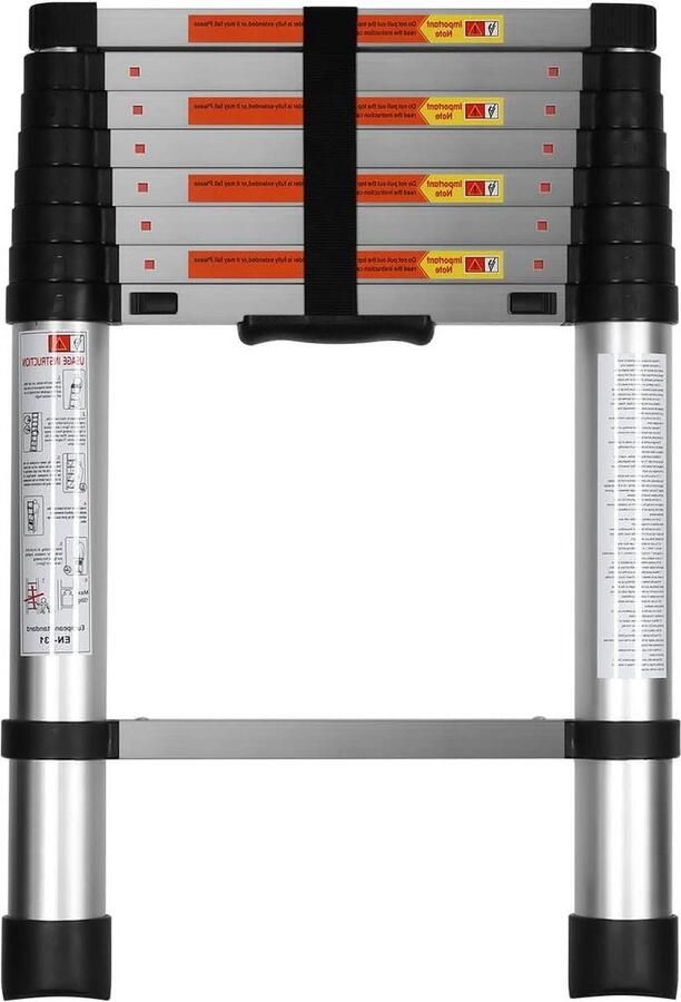 Telescopische ladder Aluminium Eén knop intrekbare verlengsysteem Binnen en buiten gebruik 350 lbs draagvermogen Zilver 2 6 m 8 5FT Telescopische ladder