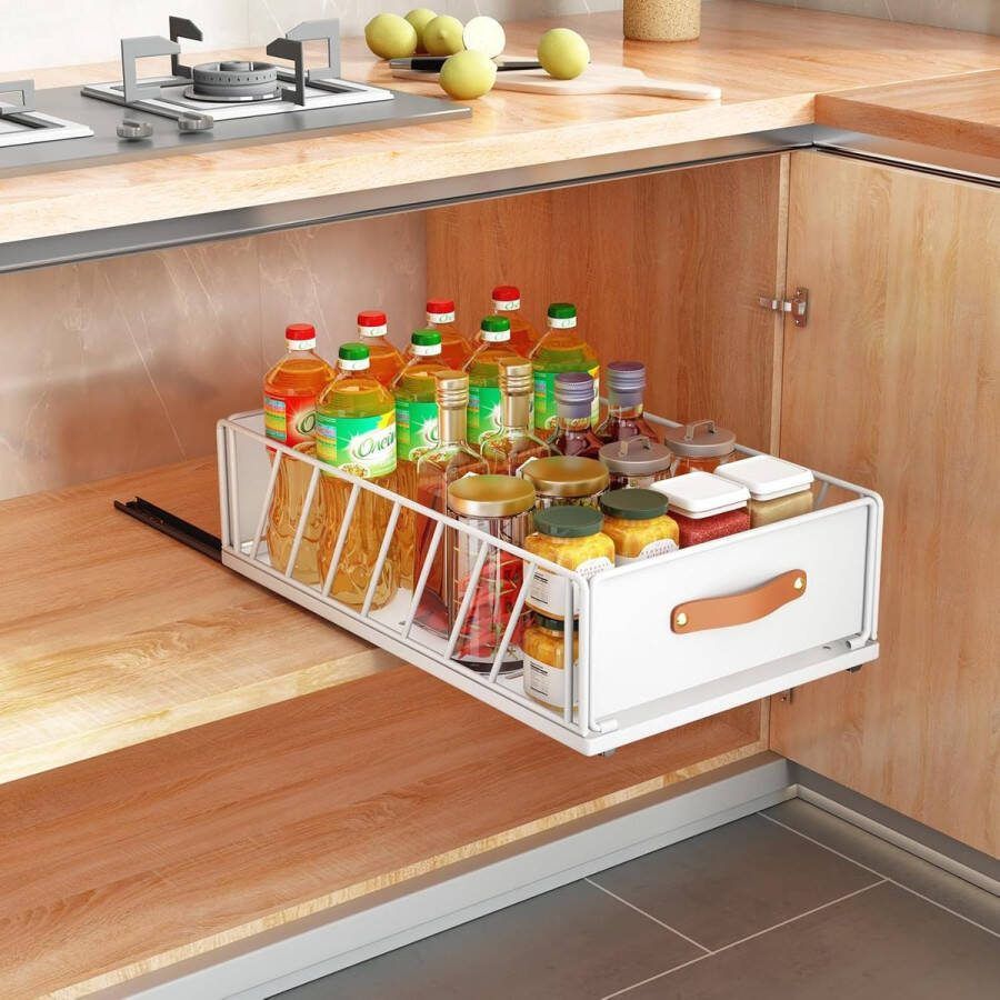 Telescopische lade uitschuifbare lade voor kast metalen uitschuifbare organizer met handgreep keukenopbergplank plakband mandlade voor kast 40 x 15 5 x 25 cm wit