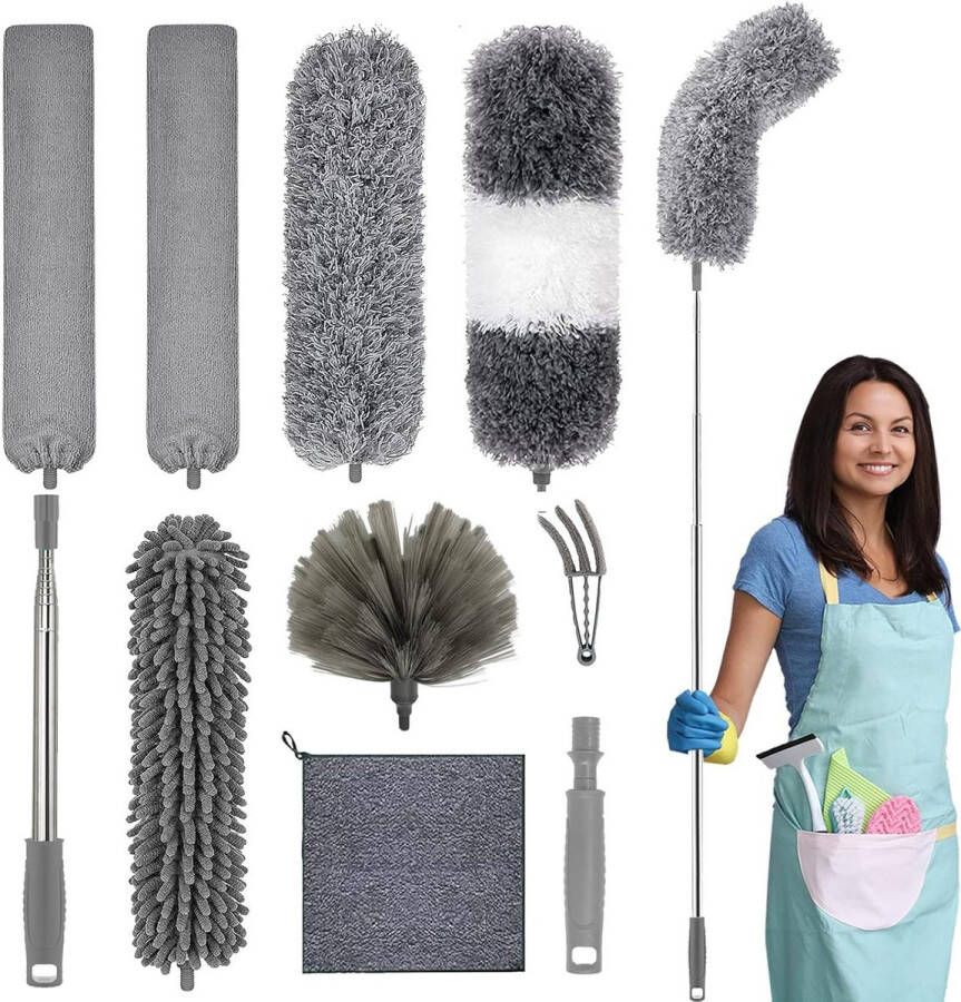 Telescopische microfiber plumeau set wasbare reinigingsstof uittrekbare stofbezem 100 inch telescoopstang stofwisser buigbare stofdoek hoge plafondventilator spinnenwebben grijs Plumeau