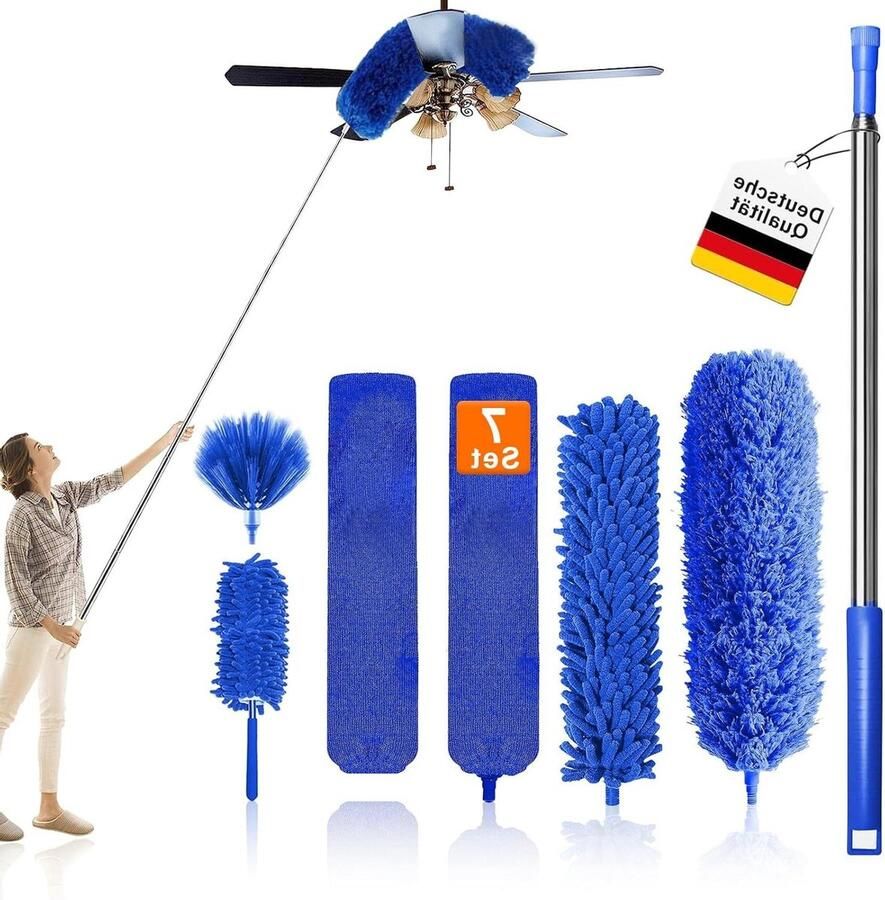 Plumeau telescoopstang 7 stuks Uittrekbaar 25-256 cm Binnenruimtes Spinnenwebverwijderaar Rolluiken Blauw Plumeau