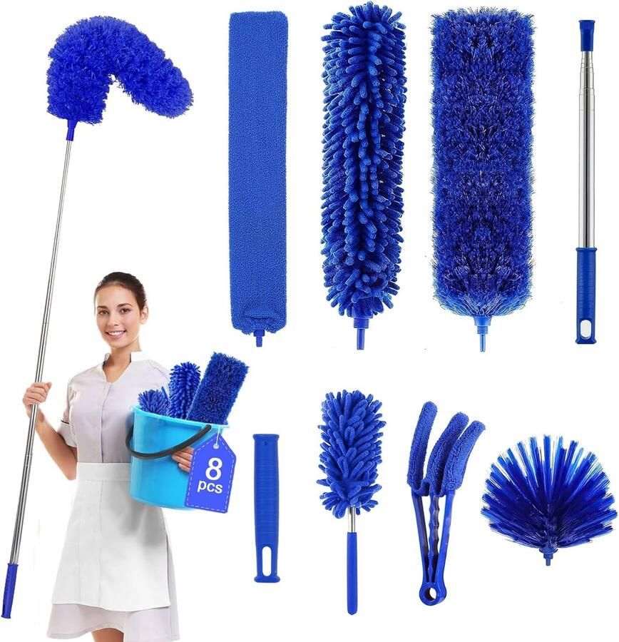 Telescopische plumeau wasbaar lang uitschuifbare plumeau voor hoeken en plafonds met telescoopstang maximale lengte 43-240cm herbruikbare microvezel spinnenwebverwijderaar (8-delige set blauw)