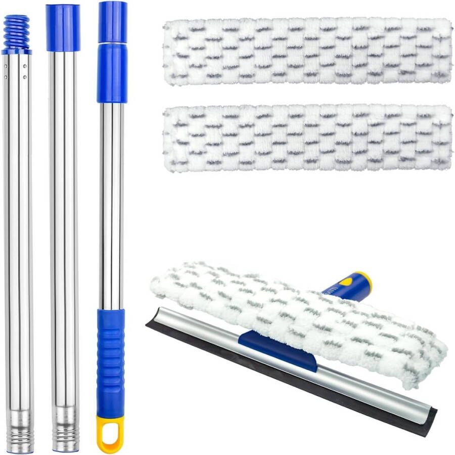 Telescopische raamwisserset 2-in-1- raamreinigingsapparaat 150 cm handgreep rubberen rakel microvezeldoek 180 ° rotatiekop hoge ramen ramenwasser telescopische
