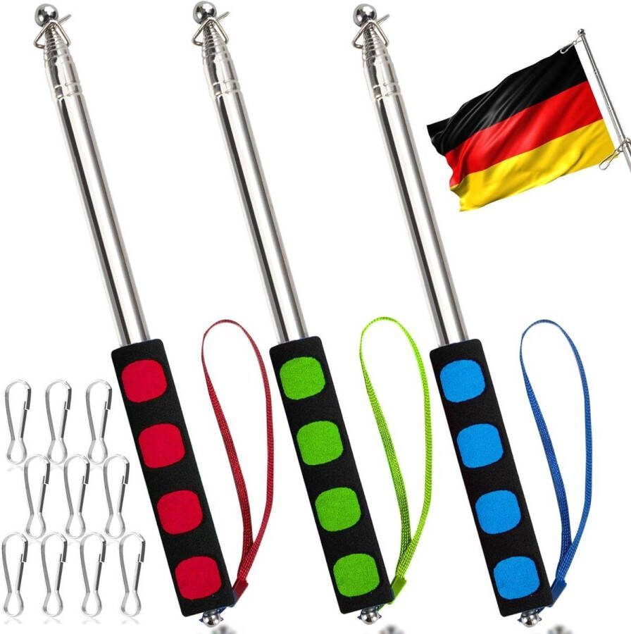 Telescopische vlaggenmast 3 stuks 2 m RVS handheld vlaggenstang 10 clips draagbaar uitschuifbaar reizen camping leraar reisladder uitschuifbare vlaggenstok