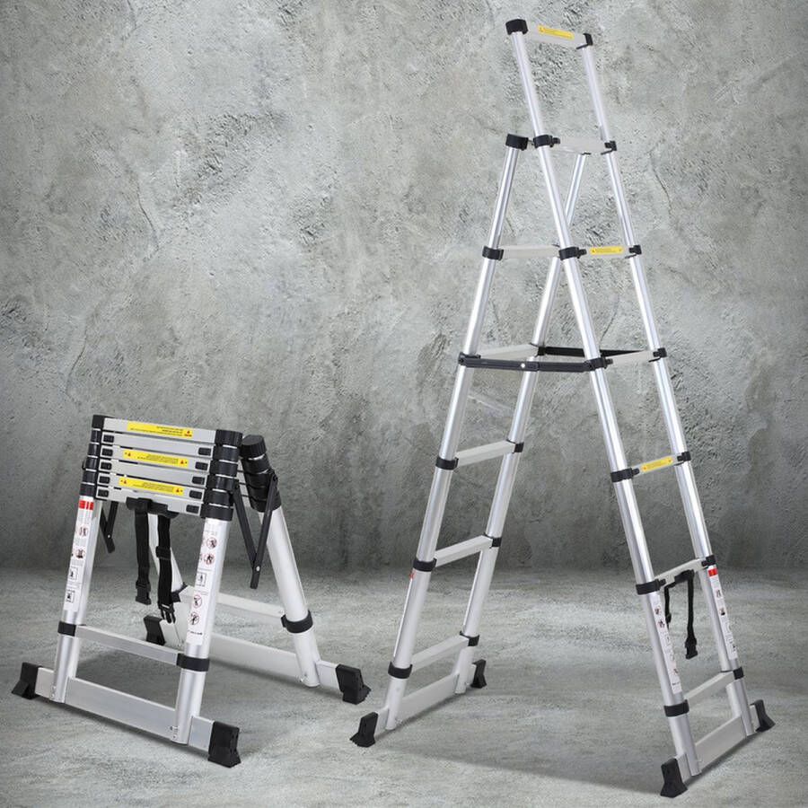 Telescopische Vouwladder Telescopische Ladders Alu-A-Kader 1 7+2 0m zilverachtig Met evenwichtsbalk