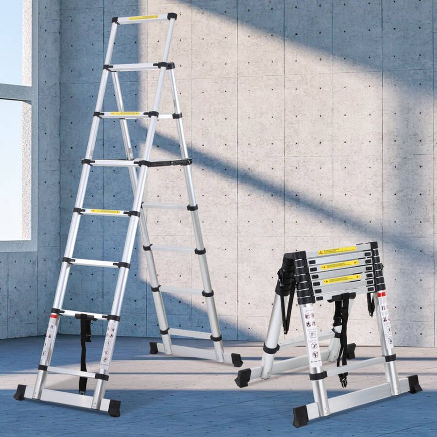 Telescopische Vouwladder Telescopische Ladders Alu-A-Kader 2.0+2 3m zilverachtig Met evenwichtsbalk