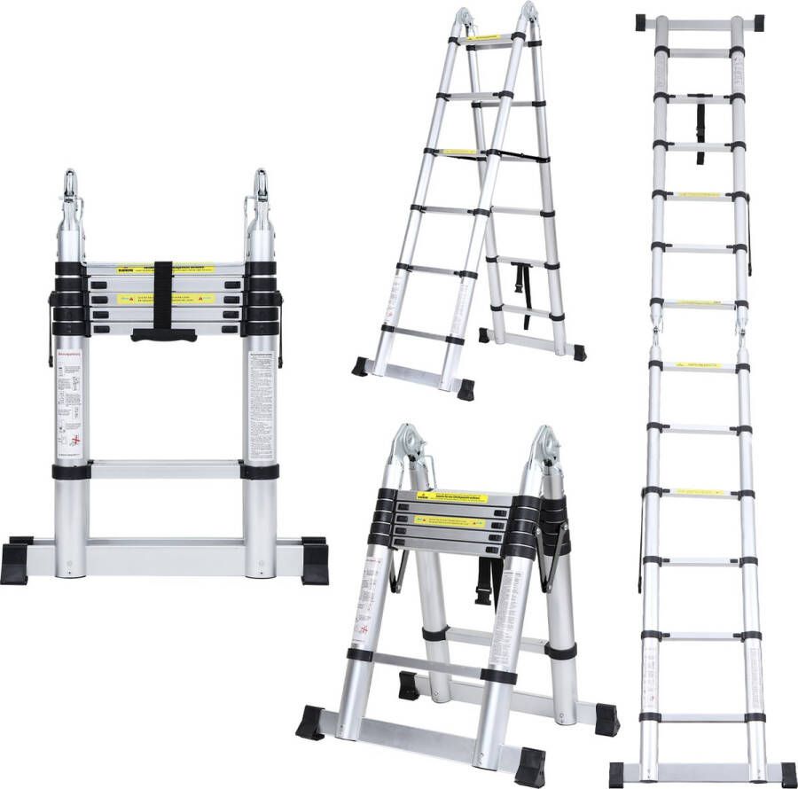 Telescopische Vouwladder Telescopische Ladders Soft Close Werkhoogte 1 9+1 9 m zilverachtig met stabilisator + wielen