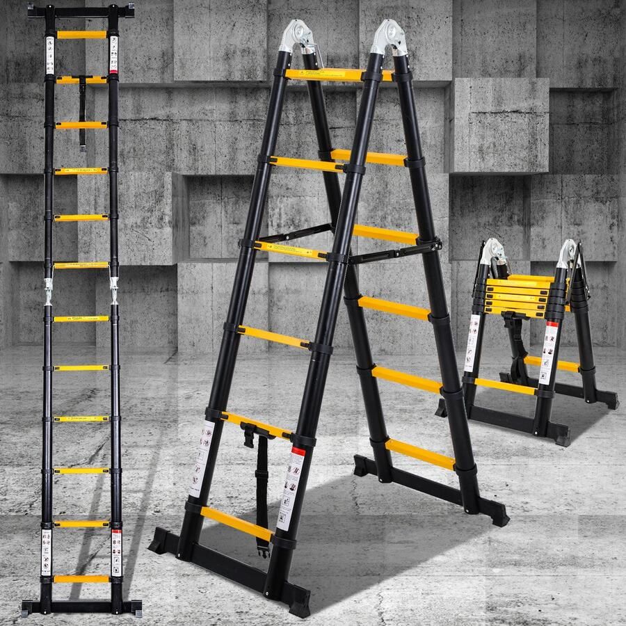 Telescopische Vouwladder Telescopische Ladders Werkhoogte 1 9+1 9 m Geelachtig zwart met stabilisator