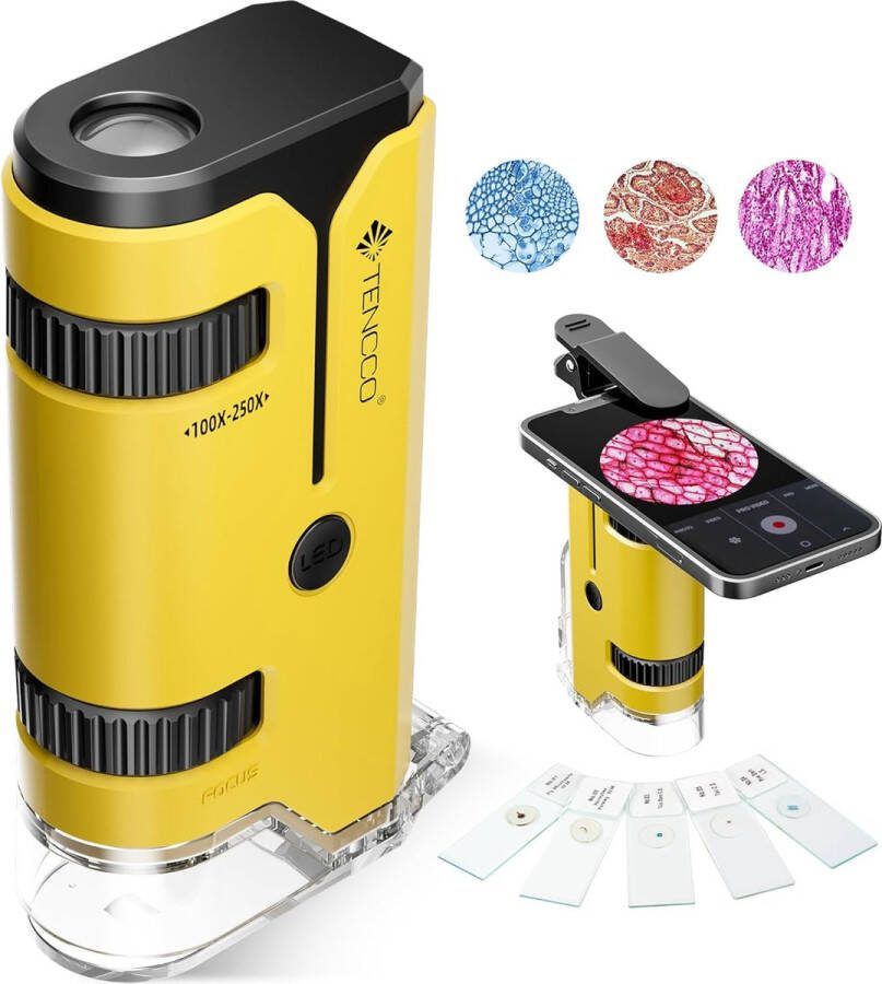 TENCCO Zakmicroscoop 100 x 250 x handmicroscoop voor kinderen met led draagbare microscoop met 5 microscoopdia's voor schoolonderwijs en kinderwetenschap