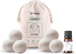 Tenify 6 XL Drogerballen + Extra Lavendel Olie Wasbollen Duurzaam Schaapswol Wasverzachter Wasdrogerballen Herbruikbare Droogballen Energie Besparen