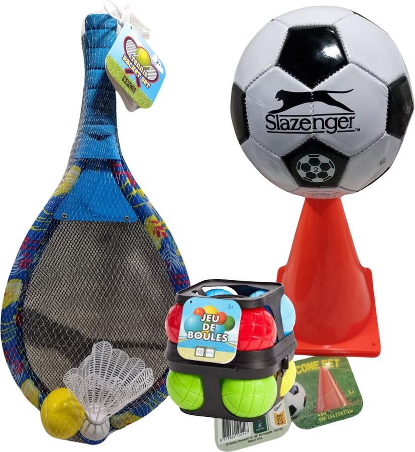Tennisset met Bal en Shuttle Mini Voetbal 4x Oranje mini pionnen Jeu de Boules Vakantie Camping Buiten spelen Badminton Strand