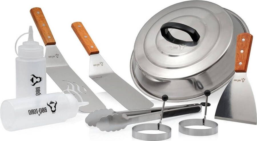 Teppanyaki Plancha-accessoireset 9-delig RVS warmtebel spatel grilltang spuitflessen eivormen