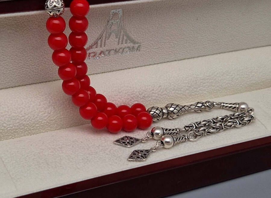 Tesbih Natuursteen Bloedkoraal en 925 zilver met tassel Geometrische vorm Aantal kralen 33 Diameter kralen 8mm