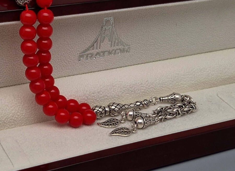 Tesbih Natuursteen Bloedkoraal en 925 zilver met tassel Verlof Aantal kralen 33 Diameter kralen 8mm
