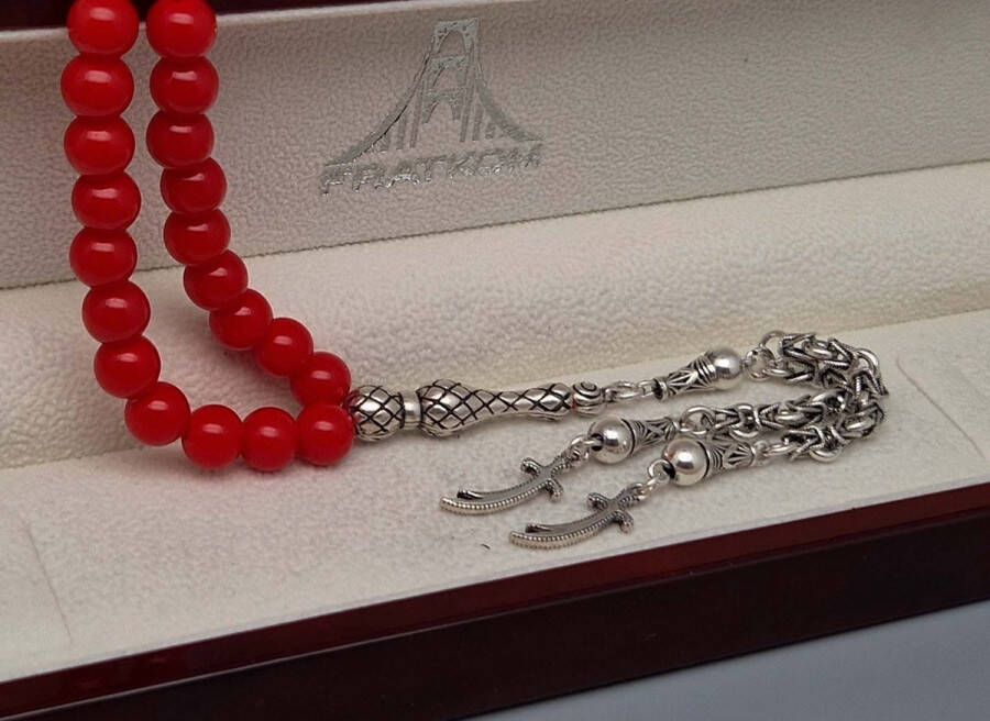 Tesbih Natuursteen Bloedkoraal en 925 zilver met tassel Zwaarden Aantal kralen 33 Diameter kralen 8mm