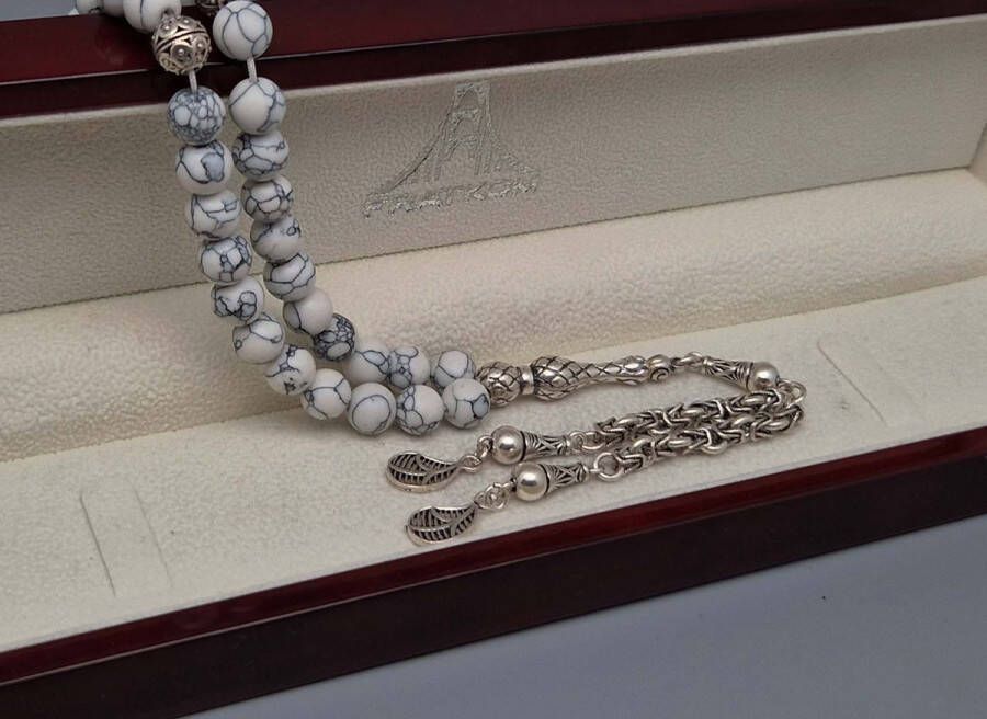 Tesbih Natuursteen Howlite Wit en 925 zilver met tassel Boomtakken Aantal kralen 33 Diameter kralen 8mm