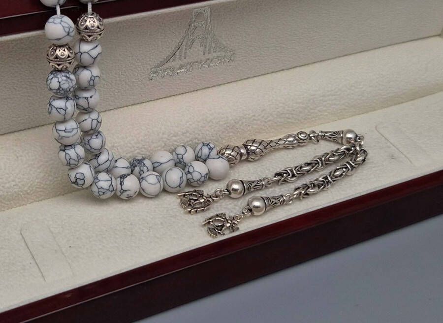 Tesbih Natuursteen Howlite Wit en 925 zilver met tassel Haviken Aantal kralen 33 Diameter kralen 8mm