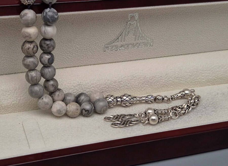 Tesbih Natuursteen Map Jaspe en 925 zilver met tassel Arabesk Aantal kralen 33 Diameter kralen 8mm