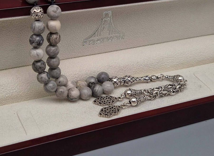 Tesbih Natuursteen Map Jaspe en 925 zilver met tassel Islamitische decoratie Aantal kralen 33 Diameter kralen 8mm