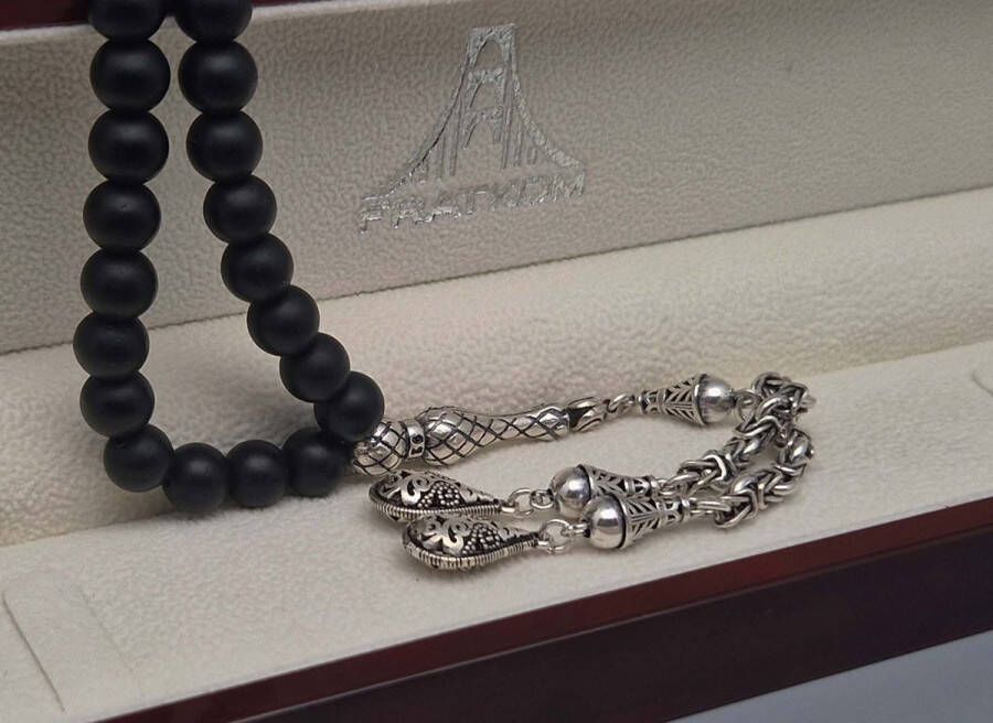 Tesbih Natuursteen Mat zwart onyx en 925 zilver met tassel Druppels Aantal kralen 33 Diameter kralen 8mm