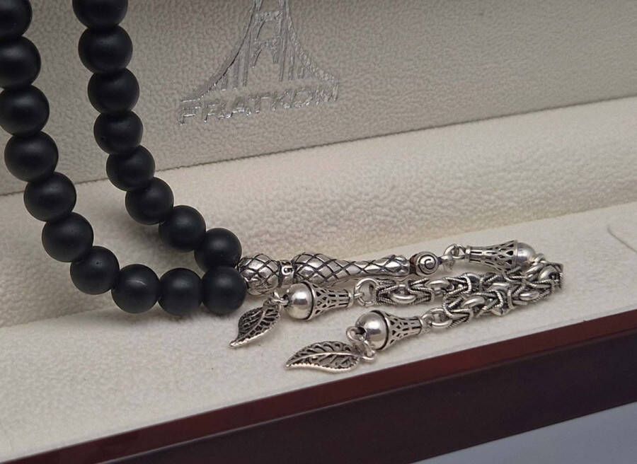 Tesbih Natuursteen Mat zwart onyx en 925 zilver met tassel Verlof Aantal kralen 33 Diameter kralen 8mm