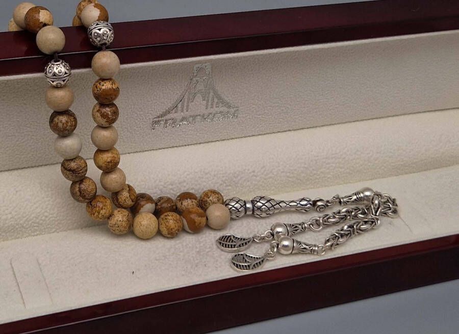 Tesbih Natuursteen Picture Jasper en 925 zilver met tassel Boomtakken Aantal kralen 33 Diameter kralen 8mm
