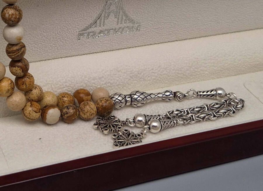 Tesbih Natuursteen Picture Jasper en 925 zilver met tassel Sneeuw Aantal kralen 33 Diameter kralen 8mm