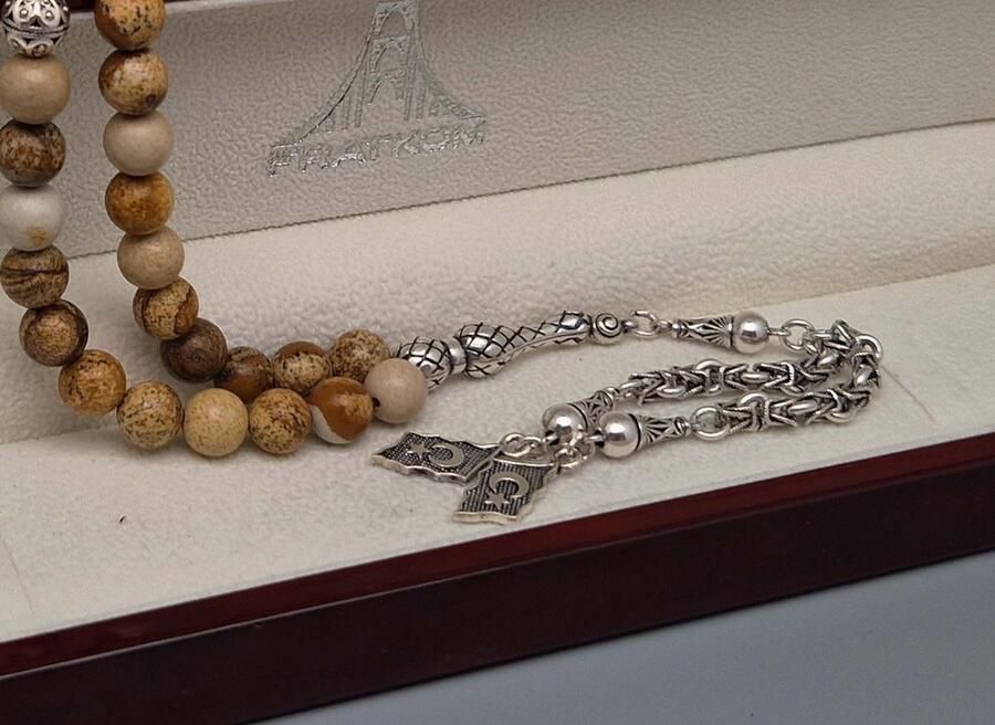 Tesbih Natuursteen Picture Jasper en 925 zilver met tassel Turkije Aantal kralen 33 Diameter kralen 8mm