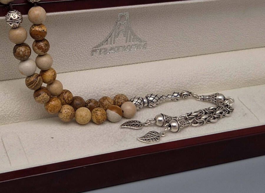 Tesbih Natuursteen Picture Jasper en 925 zilver met tassel Verlof Aantal kralen 33 Diameter kralen 8mm