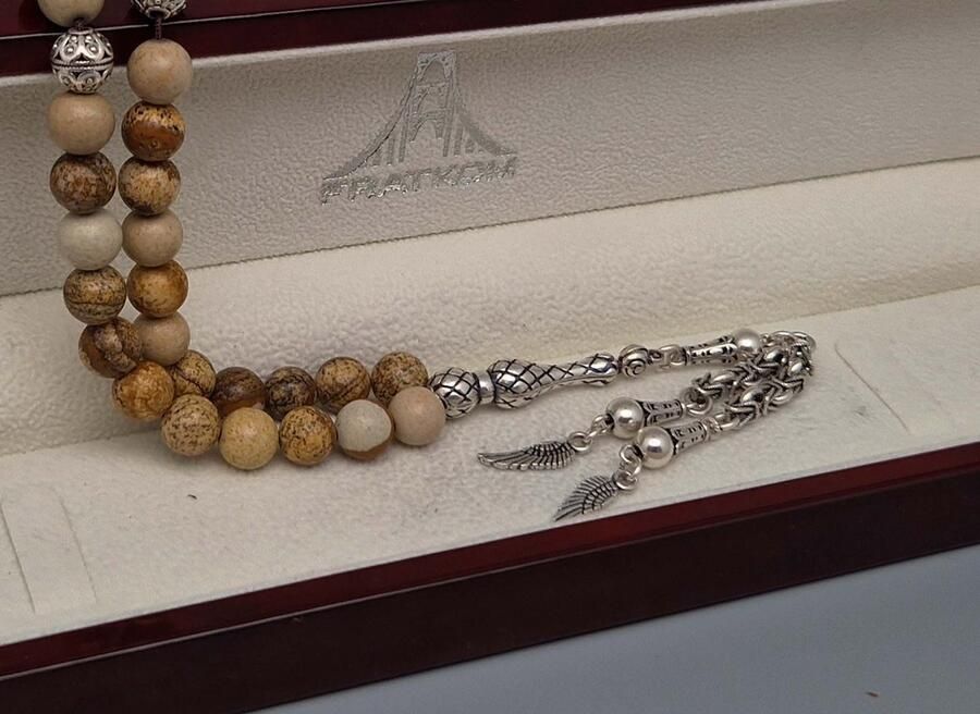 Tesbih Natuursteen Picture Jasper en 925 zilver met tassel Vleugels Aantal kralen 33 Diameter kralen 8mm