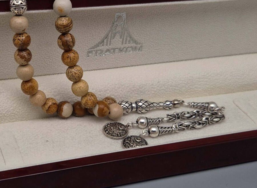 Tesbih Natuursteen Picture Jasper en 925 zilver met tassel Zonsopkomst Aantal kralen 33 Diameter kralen 8mm