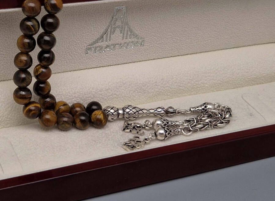 Tesbih Natuursteen Tijgeroog en 925 zilver met tassel Huilende wolf Aantal kralen 33 Diameter kralen 8mm