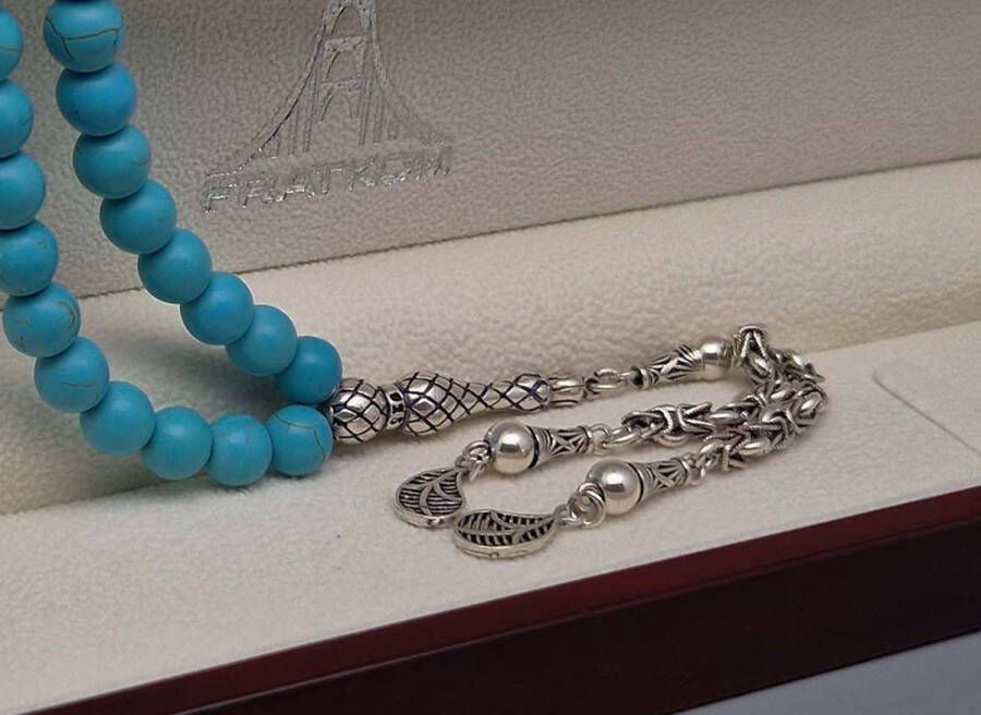 Tesbih Natuursteen Turkoois en 925 zilver met tassel Boomtakken Aantal kralen 33 Diameter kralen 8mm