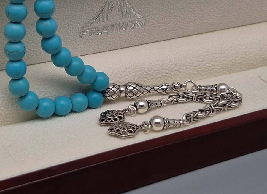 Tesbih Natuursteen Turkoois en 925 zilver met tassel Harmonie Aantal kralen 33 Diameter kralen 8mm