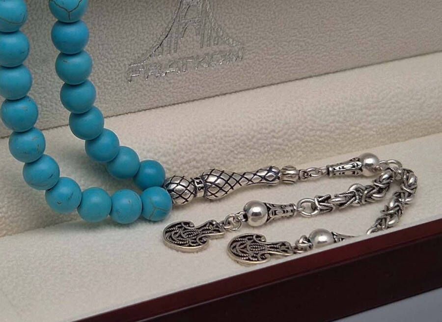 Tesbih Natuursteen Turkoois en 925 zilver met tassel Paddestoel Aantal kralen 33 Diameter kralen 8mm