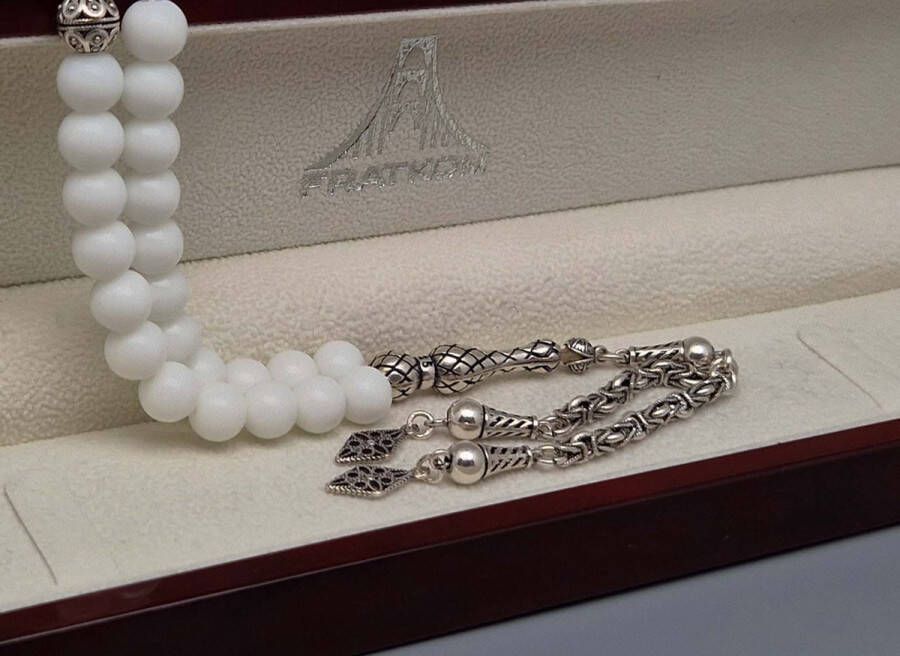 Tesbih Natuursteen Witte agaat en 925 zilver met tassel Geometrische vorm Aantal kralen 33 Diameter kralen 8mm