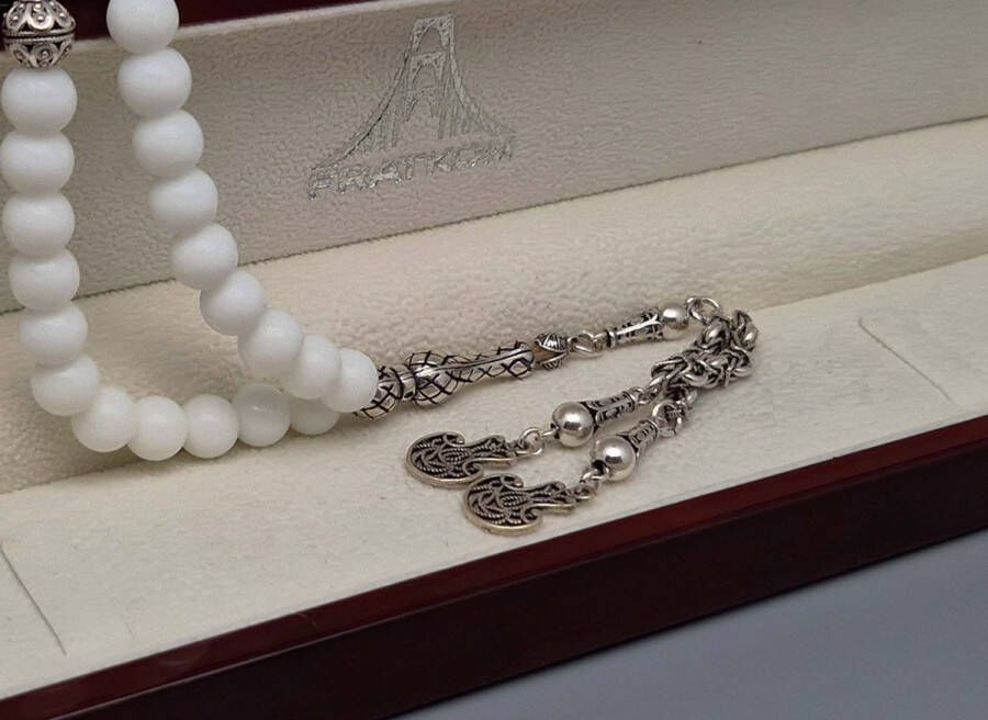 Tesbih Natuursteen Witte agaat en 925 zilver met tassel Paddestoel Aantal kralen 33 Diameter kralen 8mm