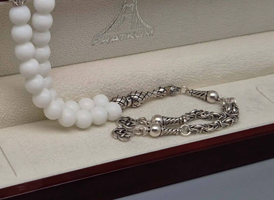 Tesbih Natuursteen Witte agaat en 925 zilver met tassel Rozen Aantal kralen 33 Diameter kralen 8mm