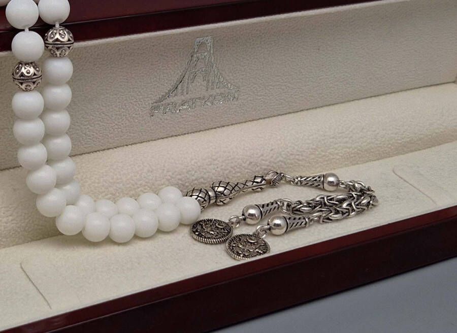 Tesbih Natuursteen Witte agaat en 925 zilver met tassel Zonsopkomst Aantal kralen 33 Diameter kralen 8mm