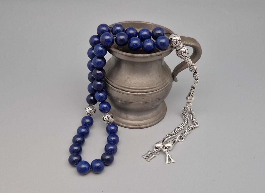 Tesbih- Zilver 925 en Natuursteen Azuur -Tesbih met tassel Twee Letters Aantal kralen 33 Diameter kralen 8mm- Kies je favoriete letters